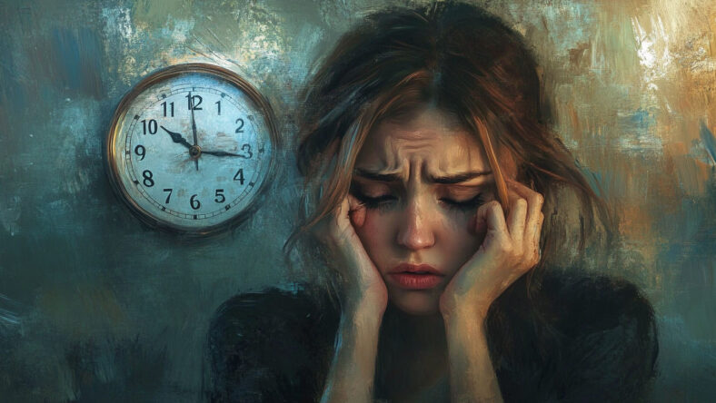 Someone anxious sitting in front of a clock as it slowly ticks. Anxiety disorder metaphor.