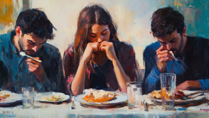 Three people looking anxious eating food - eating disorders