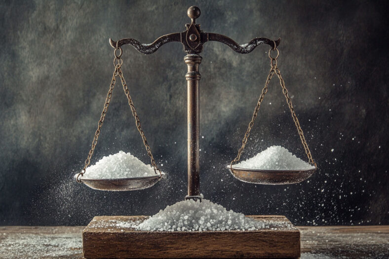 An old fashioned scale balancing two piles of sugar