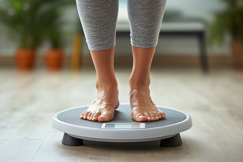 A person weighing themselves on scales