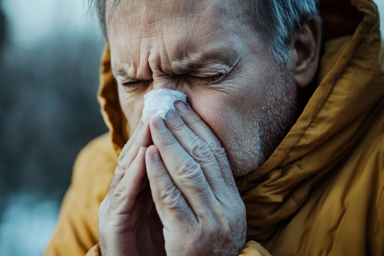 A person blowing their nose