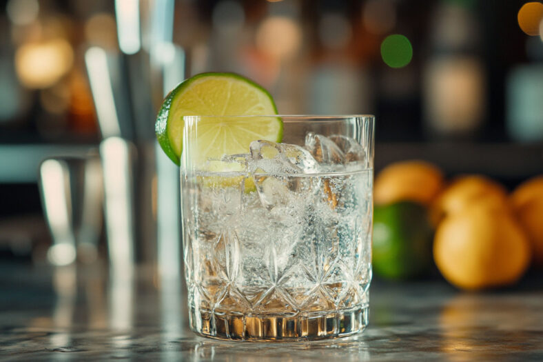 Glass of gin and tonic with lemon and ice