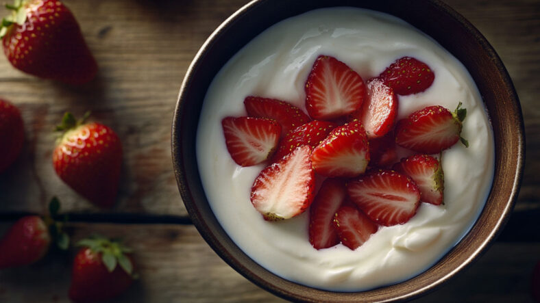 Sliced strawberries in Greek yogurt