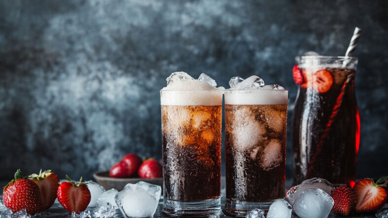 Ice cold sodas in different shaped glasses