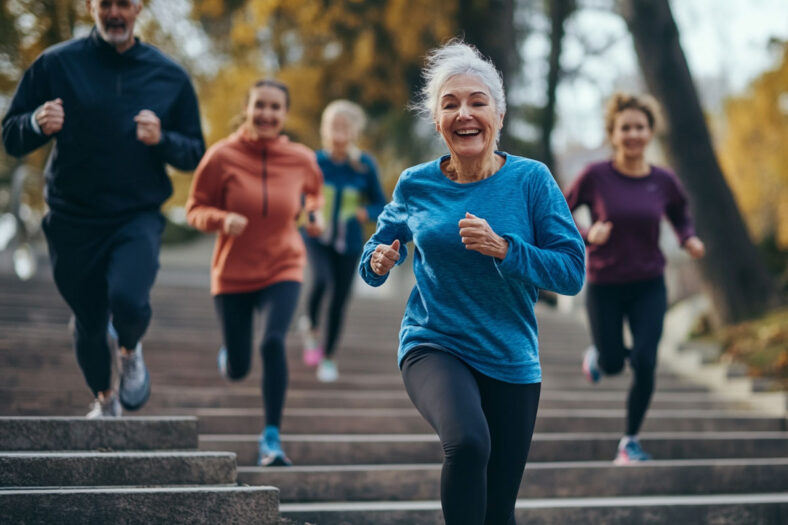 A group of older people running outdoors.