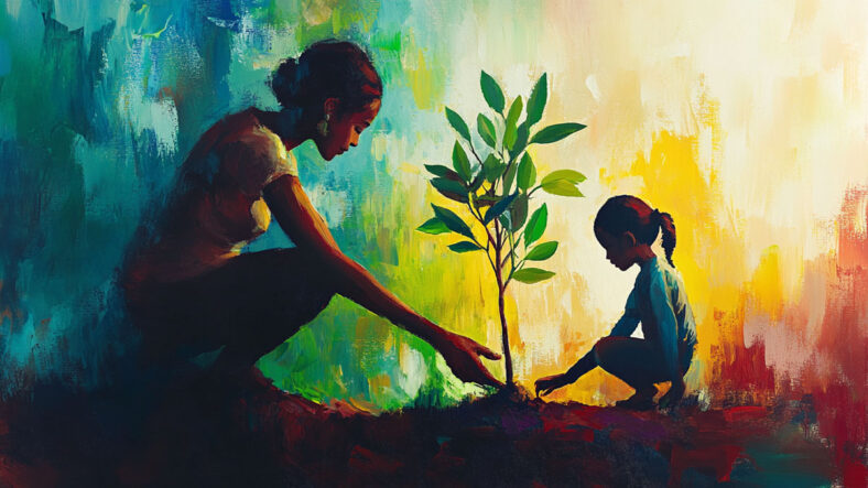 Mother and daughter planting a tree