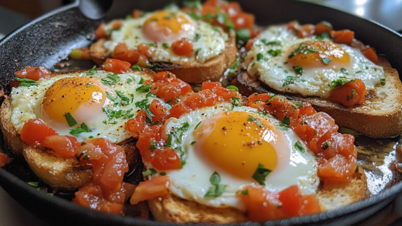 Poached eggs on toast with tomatoes