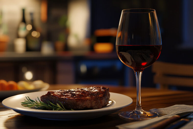 Glass of sugar free red wine with a steak meal