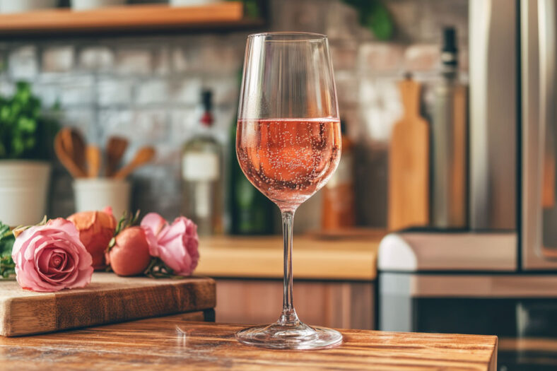 Glass of sugar-free rose wine on table in kitchen