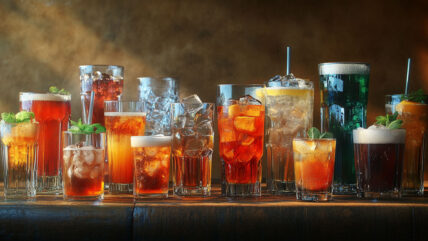 Lots of soda in different glasses with ice