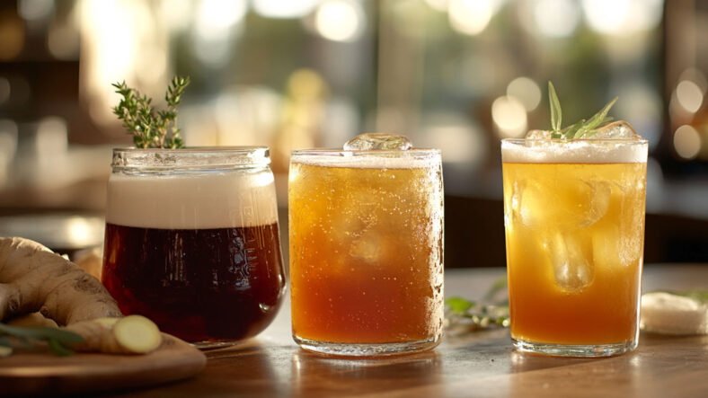 Root Beer, Ginger Beer, and Cola Sodas in glasses