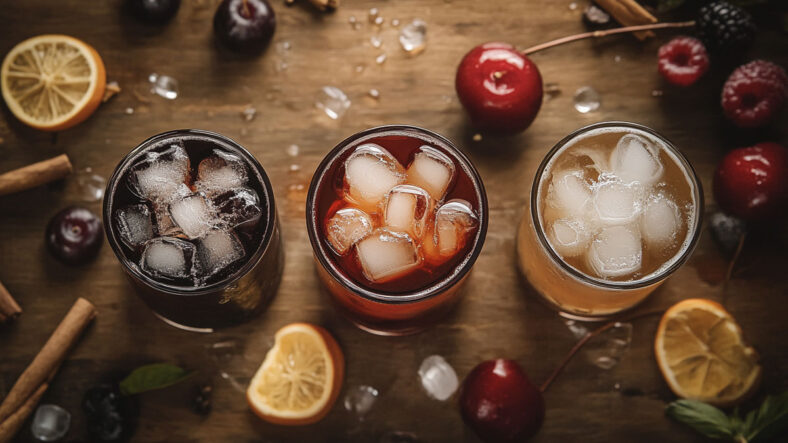 Three different flavored sodas in glasses