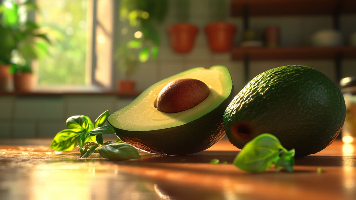 Halved avocado on table