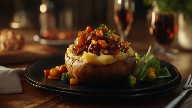 A baked potato with toppings