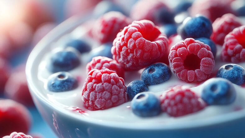 Blueberries and raspberries in yogurt