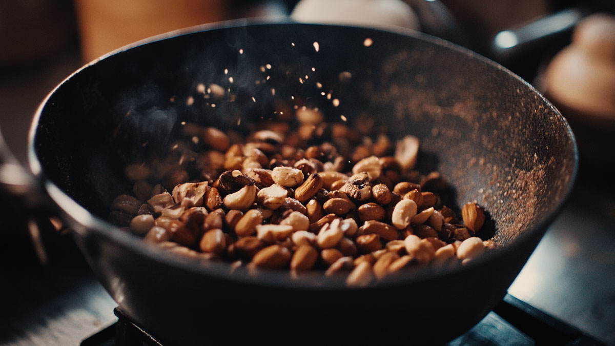 A bowl of brazil nuts being tossed