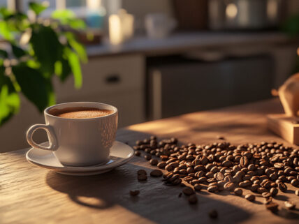 Coffee beans and a cup of bio coffee