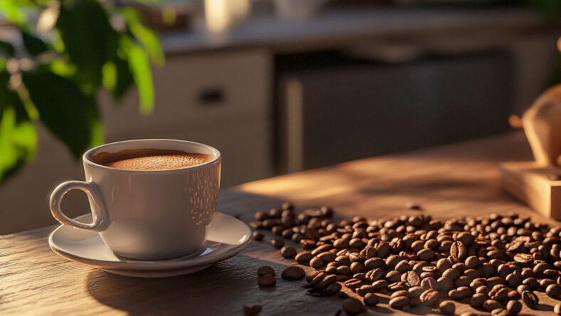 Coffee beans and a cup of bio coffee