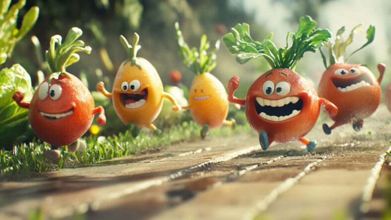 Cartoon vegetables having a race