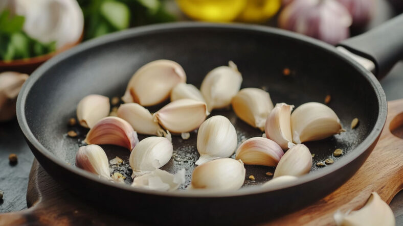 Garlic in a pan