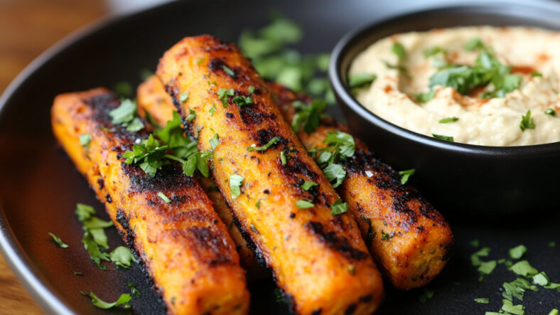 Cooked carrots with hummus dip