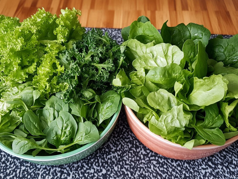 Two bowls of leafy greens