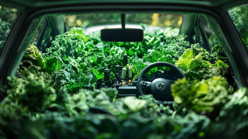 Leafy greens growing and taking over in a car