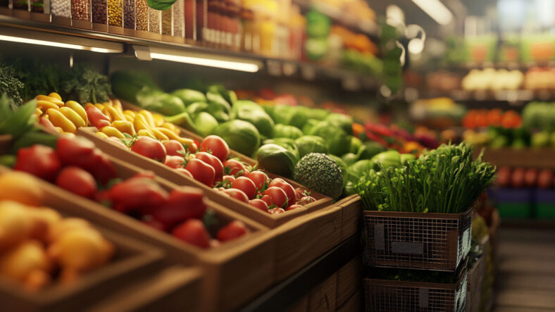 Fresh fruits and vegetables in a store