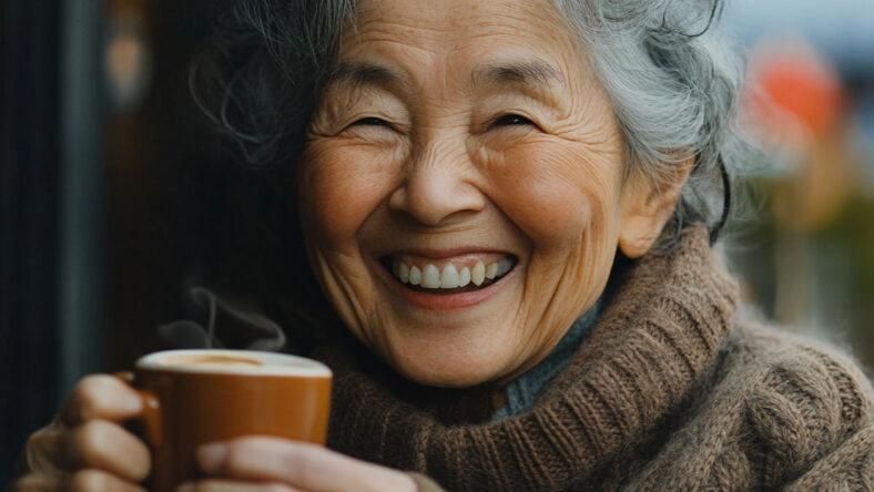 Woman smiling drinking coffee