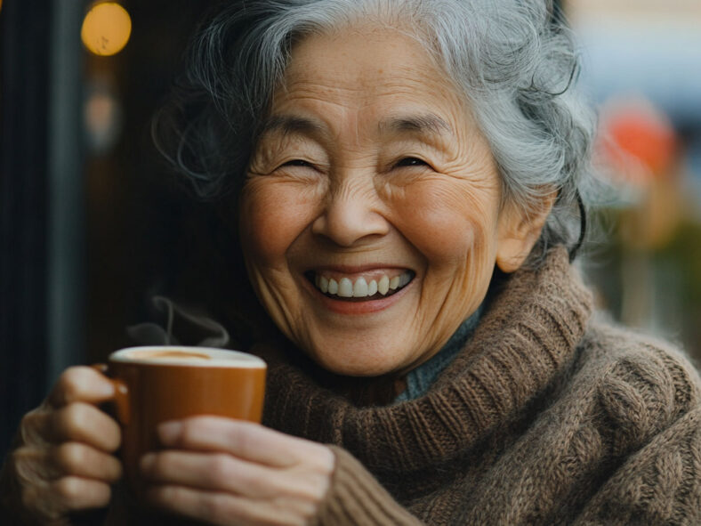 Woman smiling drinking coffee