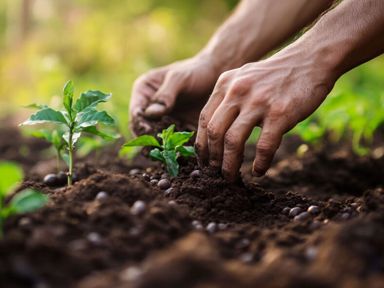 Person planting in soil