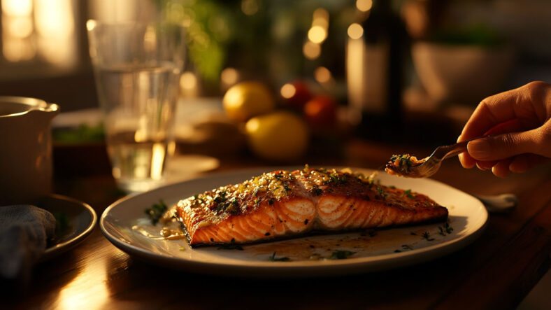 Roasted salmon being eaten