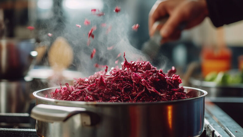 Shredded red cabbage cooking in pan