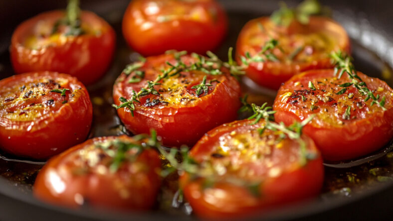 Halved tomatoes cooking in a pan