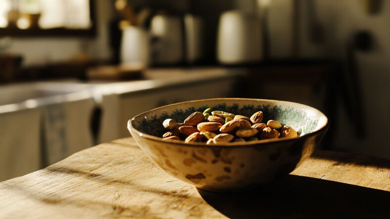 A mixed bowl of almonds, walnuts, and pistachios