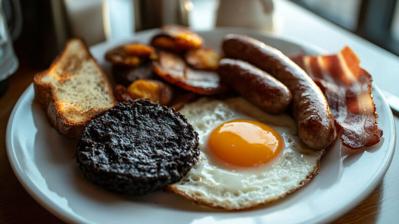 Black pudding on English traditional breakfast