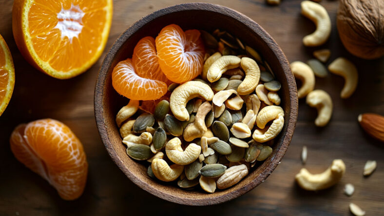 A bowl of cashews, pumpkin seeds, and orange segments