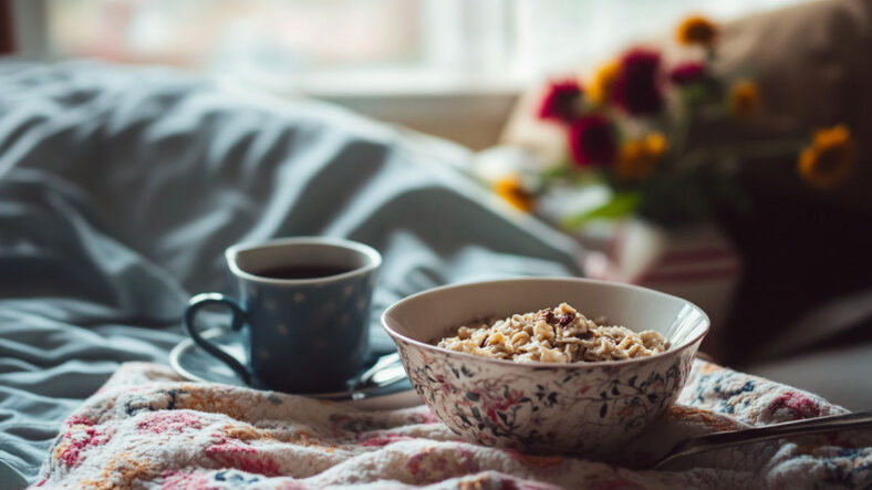 Bowl of oatmeal and a coffee