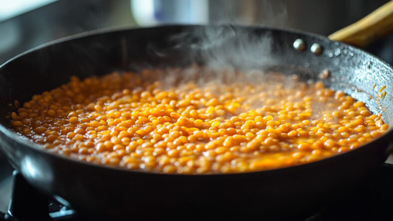 Lentils cooking in stock