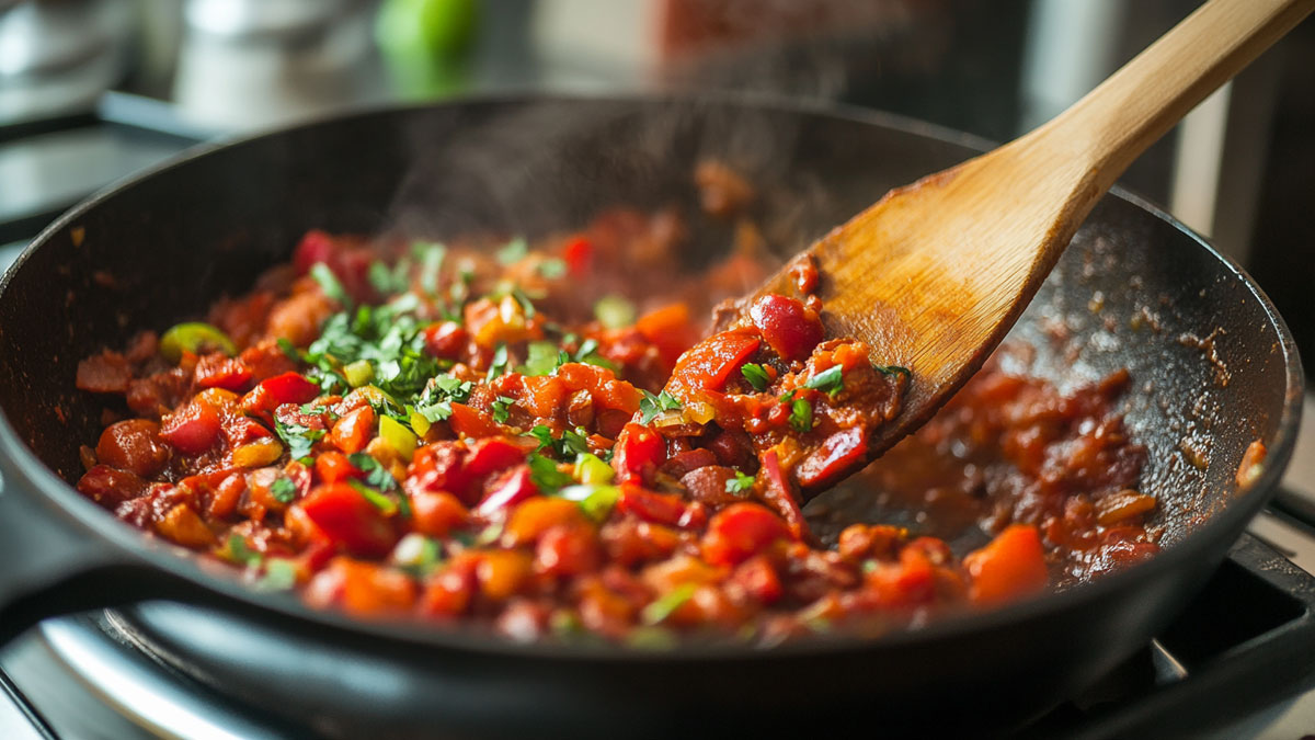 Someone cooking down chili peppers