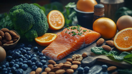 Eye healthy foods including oranges, salmon, walnuts, almonds, spinach, and blueberries.