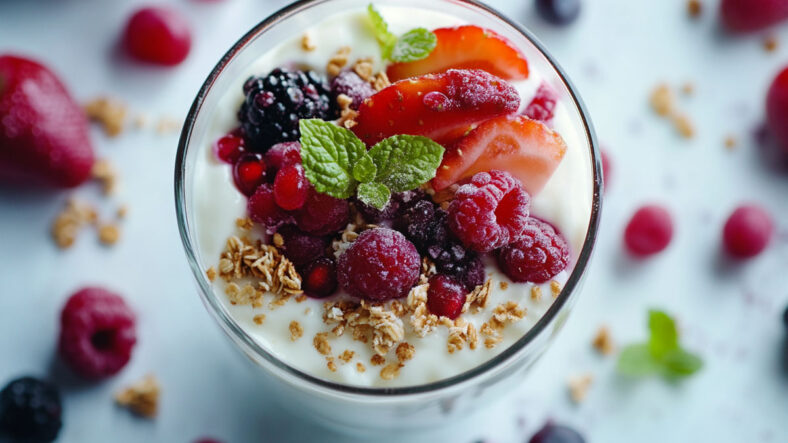 A bowl of Greek yogurt with berries