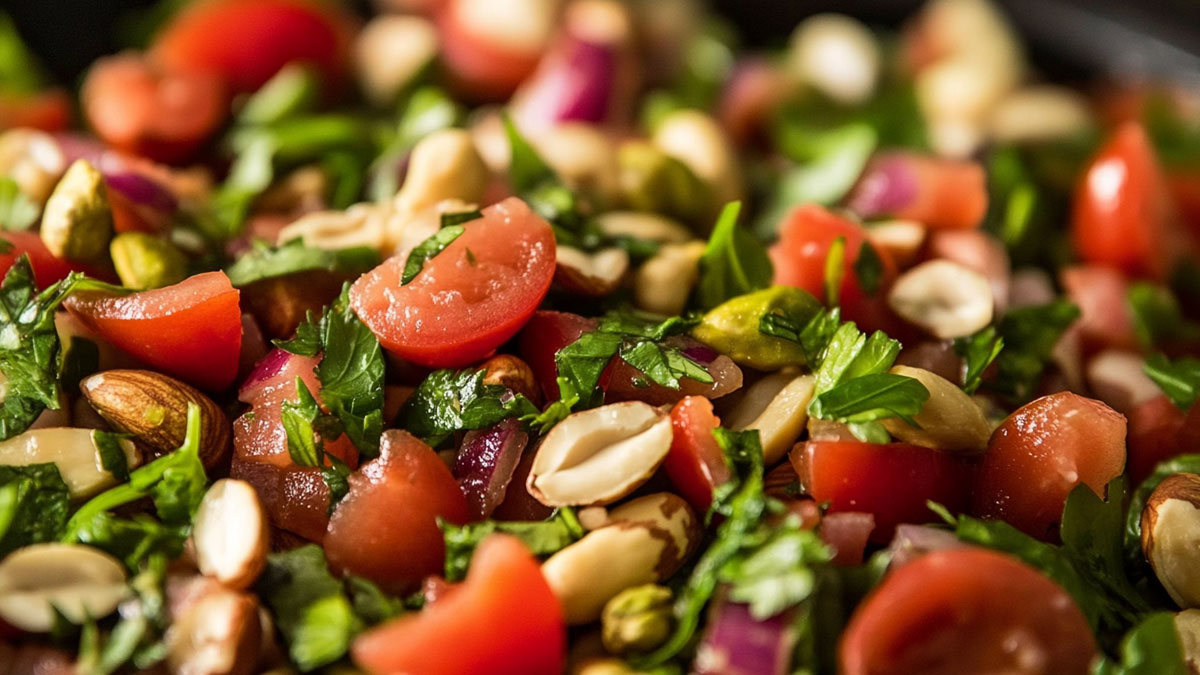 Salad including peanuts, almonds, cashews, and pistachios