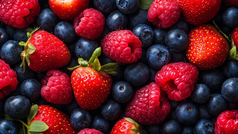 A mix of raspberries, strawberries, and blueberries