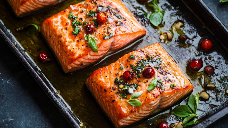 Roasted salmon in a tray