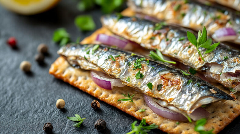 Sardines with red onion on crunchy crackers