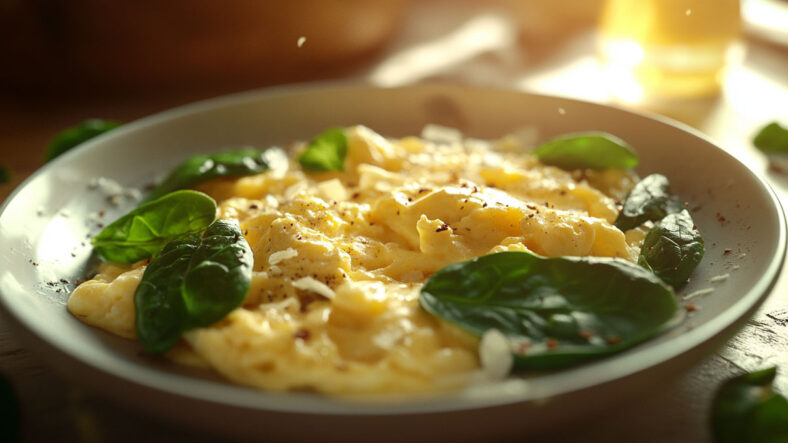 Scrambled egg with spinach and cheese