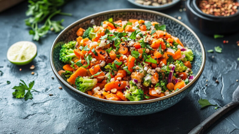 A side dish containing raw broccoli and diced carrots