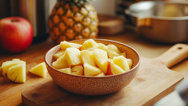 A bowl of apple slices and pineapple chunks