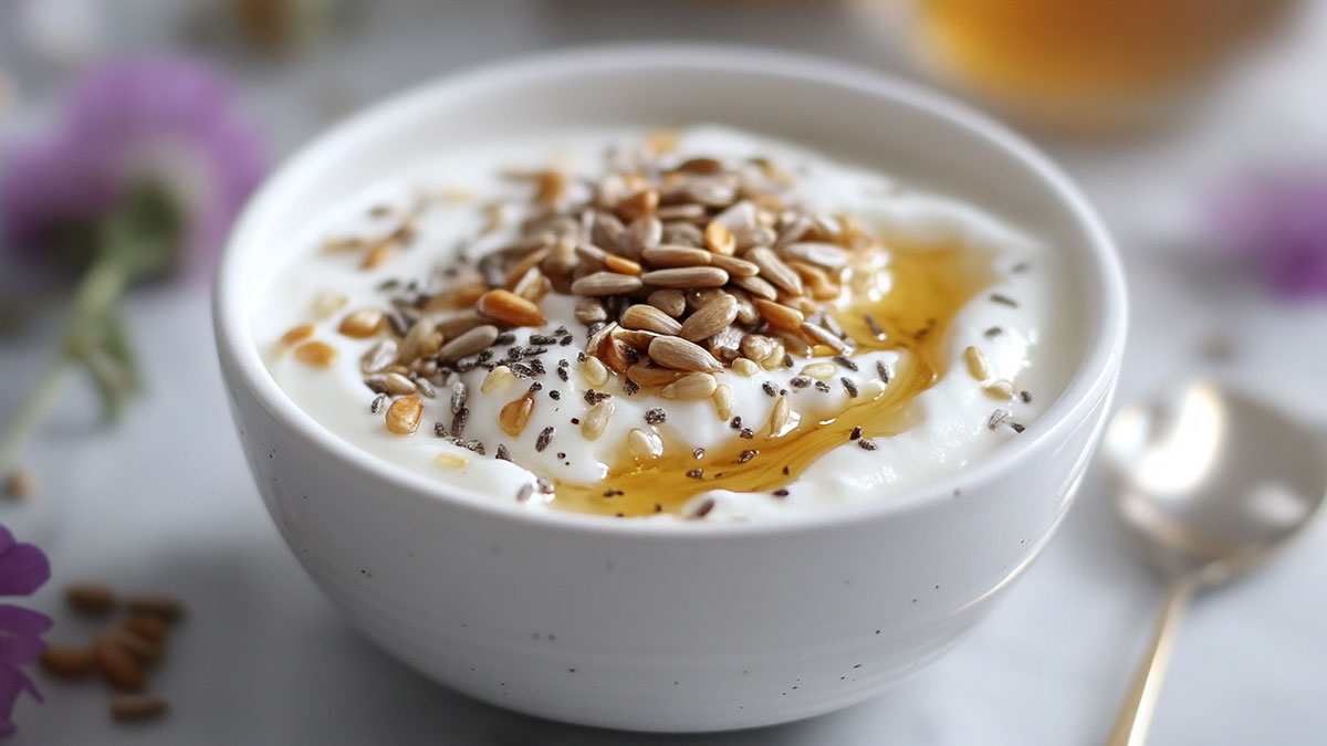 Bowl of yogurt, honey, and sunflower seeds